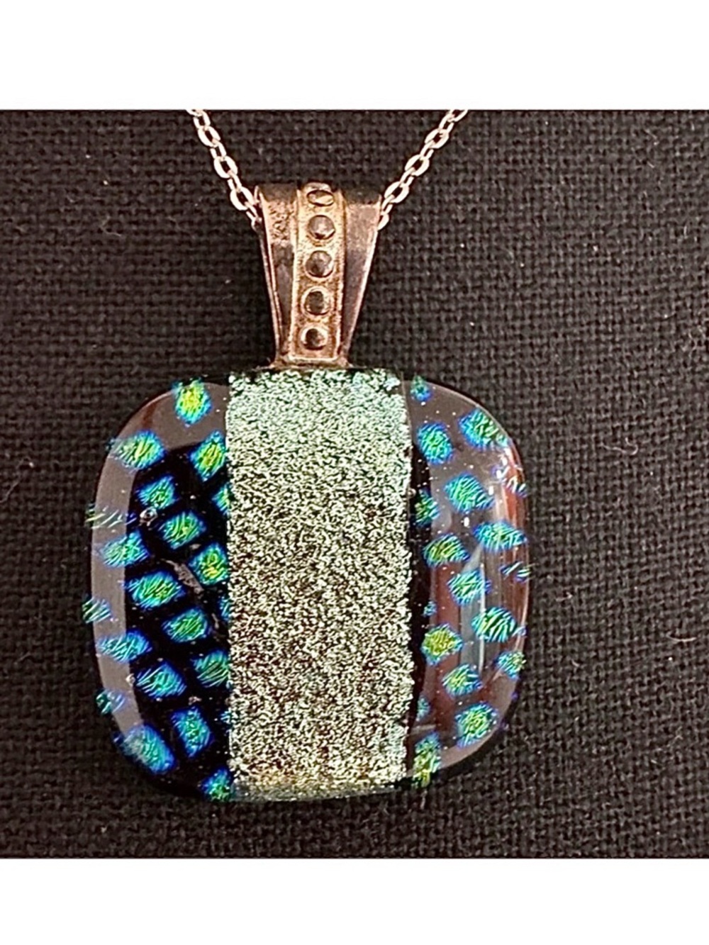 PENDANT ~ Women’s square blue, green, w/ silver tones statement piece pendant.